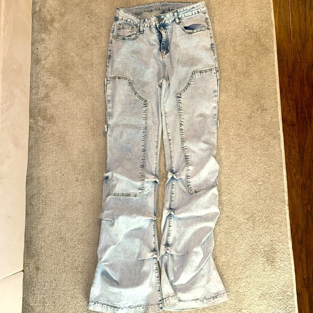 Jeanoix Casual Distressed Ruched Slim Fit Flare Leg Jeans Skinny Bootcut Jeans - Picture 3 of 6